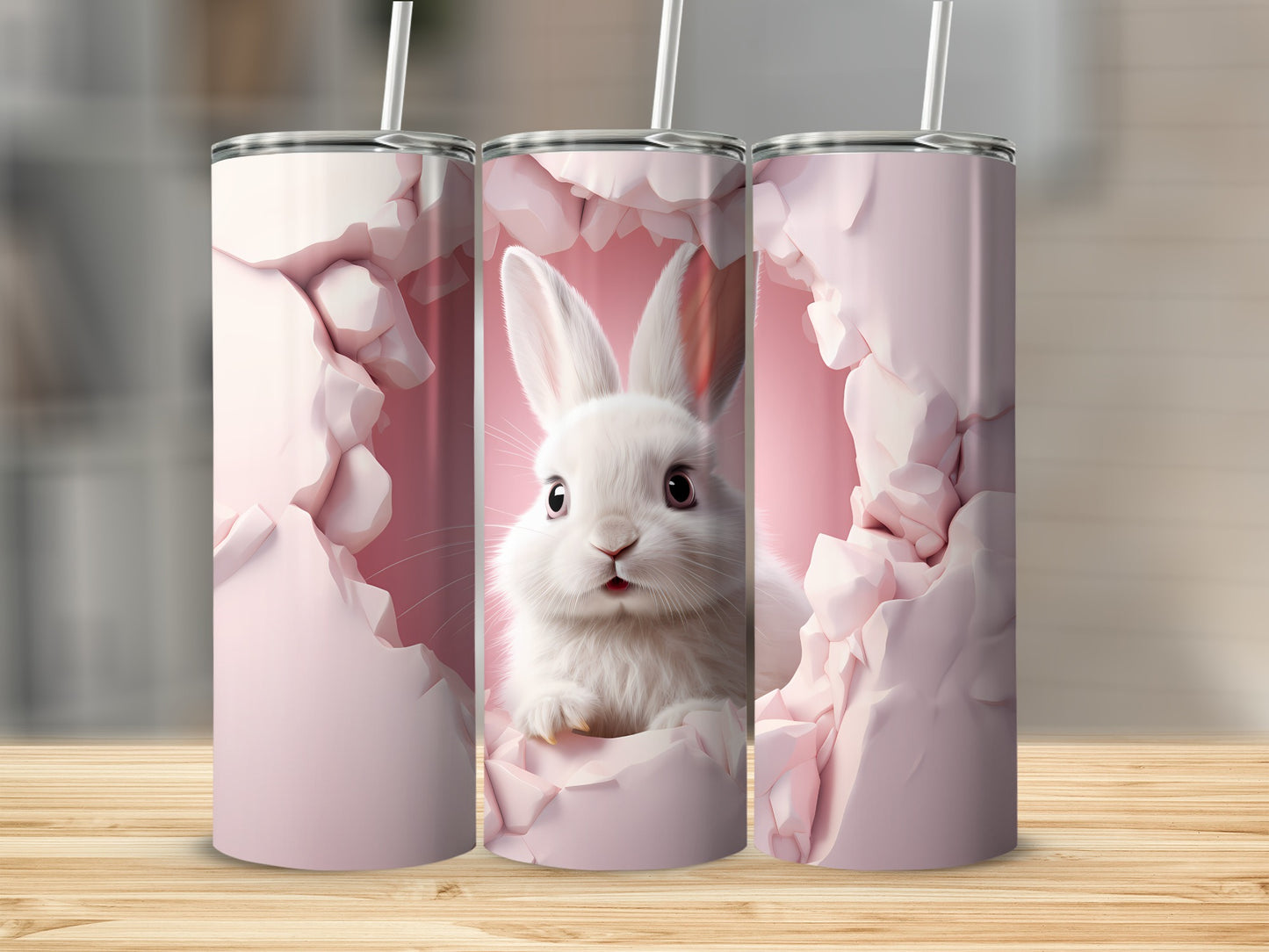 Cute White Rabbit and Pink Floral Design Tumbler