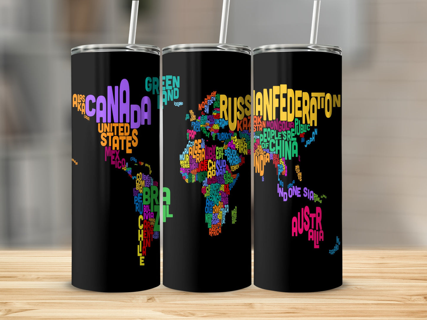 Black tumblers with color text world map designs featuring country names.