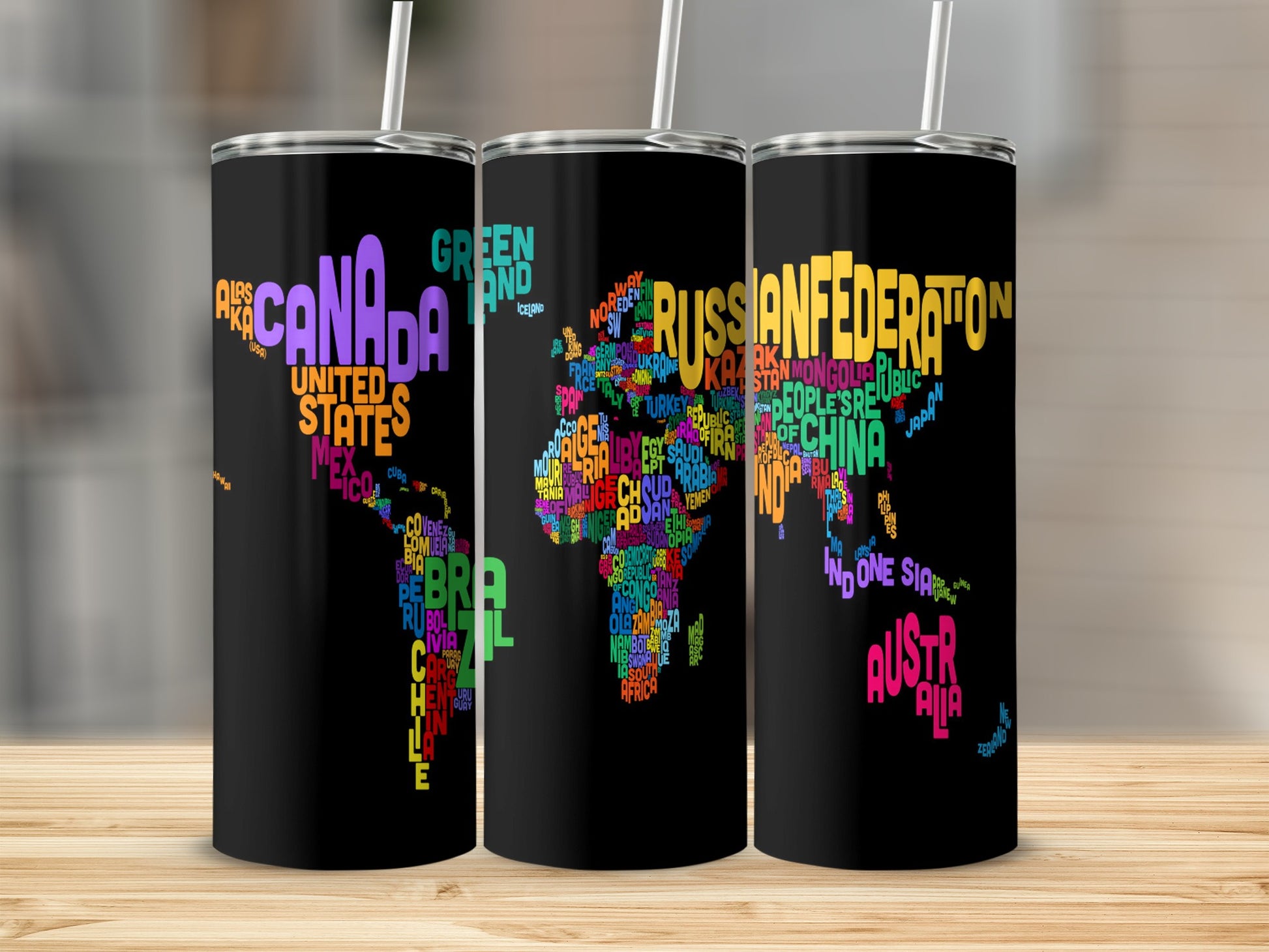 Black tumblers with color text world map designs featuring country names.