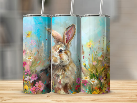 Three tumblers with a rabbit and wildflowers painting.