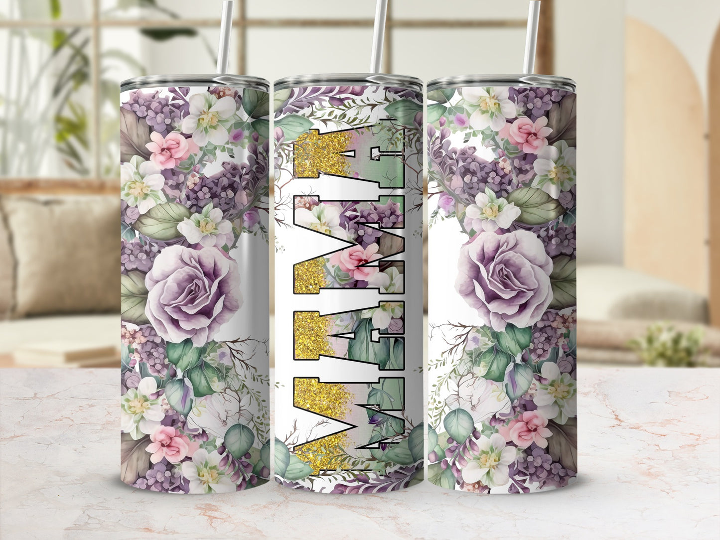 Tumbler with "Mama" in glitter, surrounded by purple flowers and greenery.