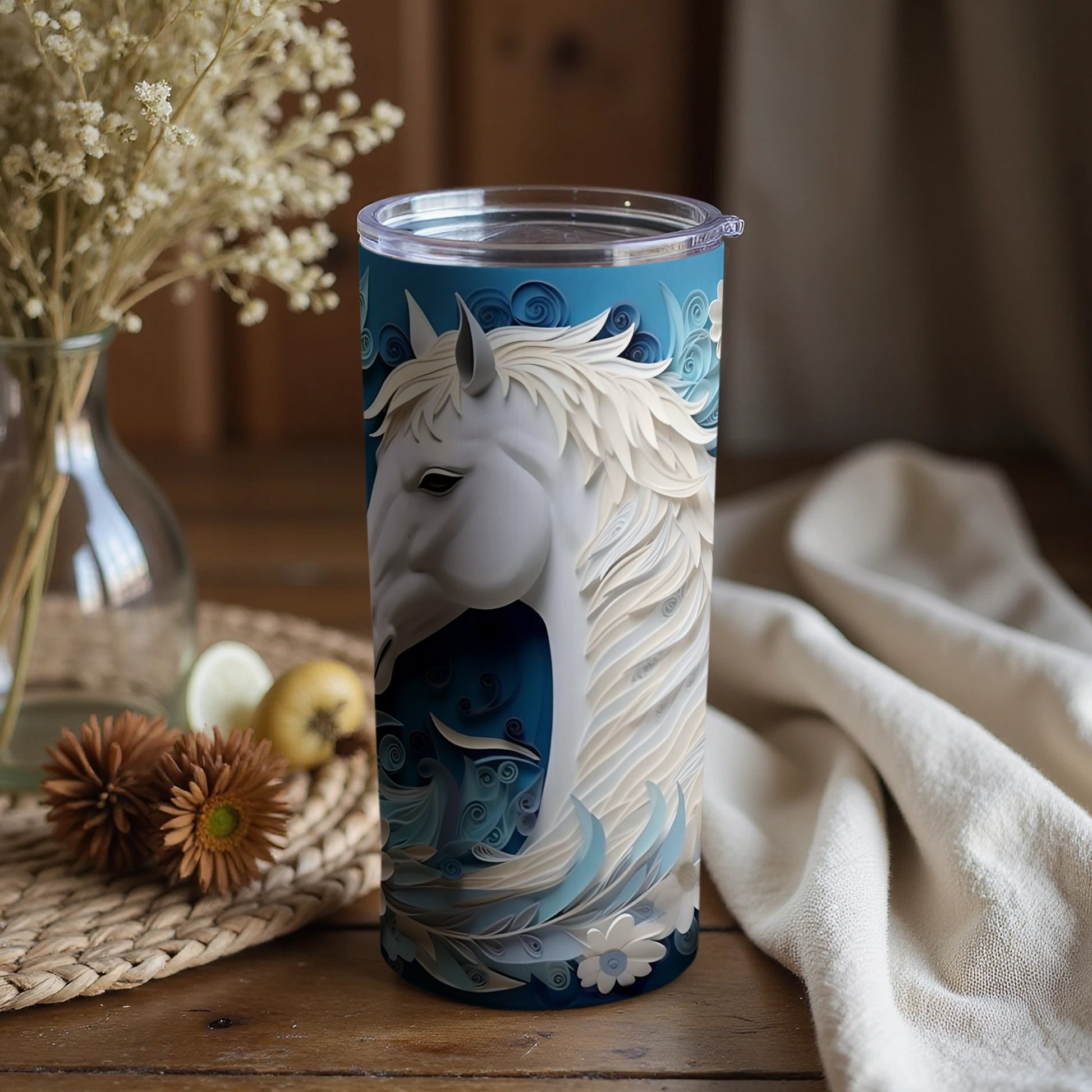 Majestic White Horse Blue Waves Art Tumbler