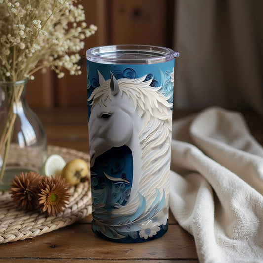 Majestic White Horse Blue Waves Art Tumbler