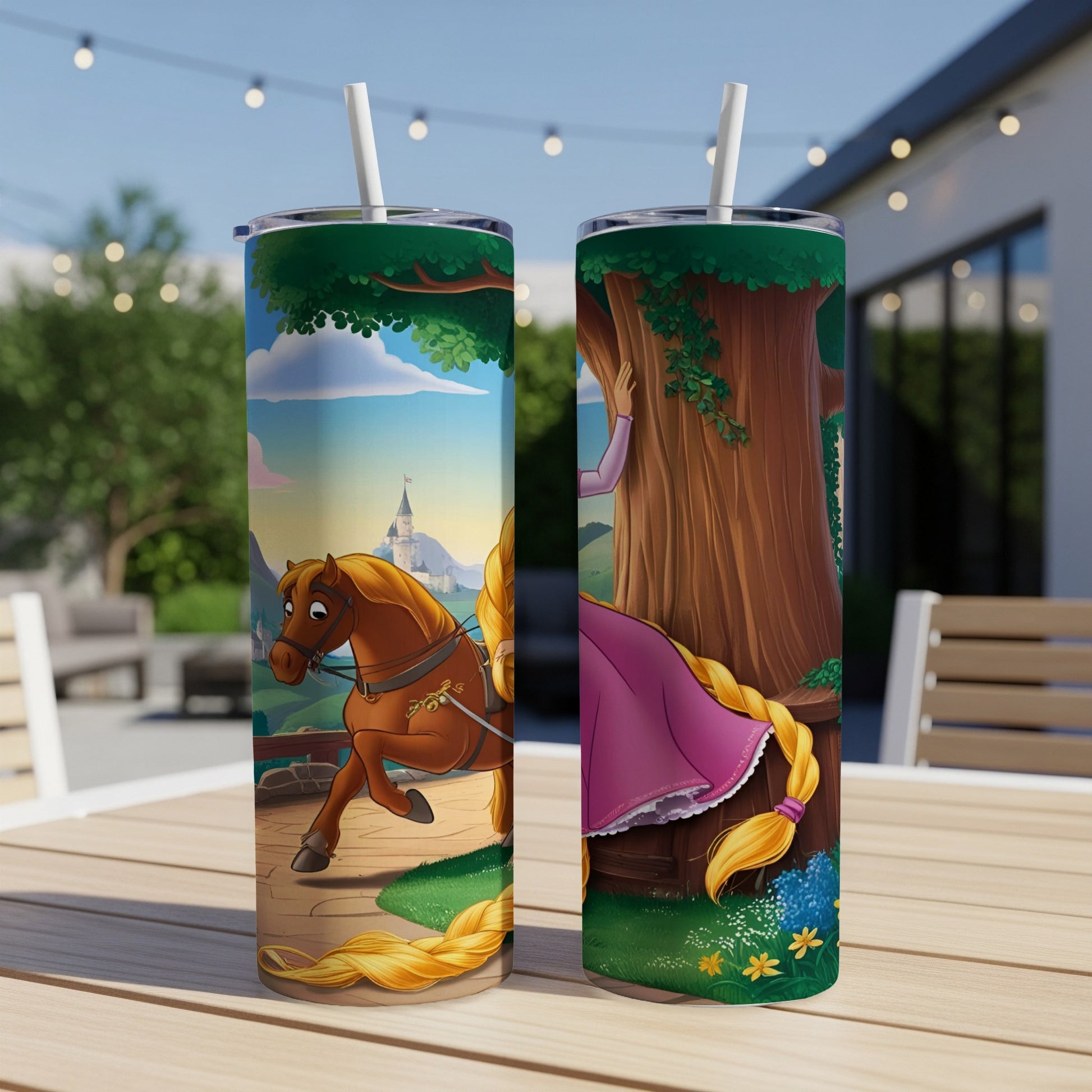 Two tumblers with Rapunzel and Pascal on a wooden table outdoors.