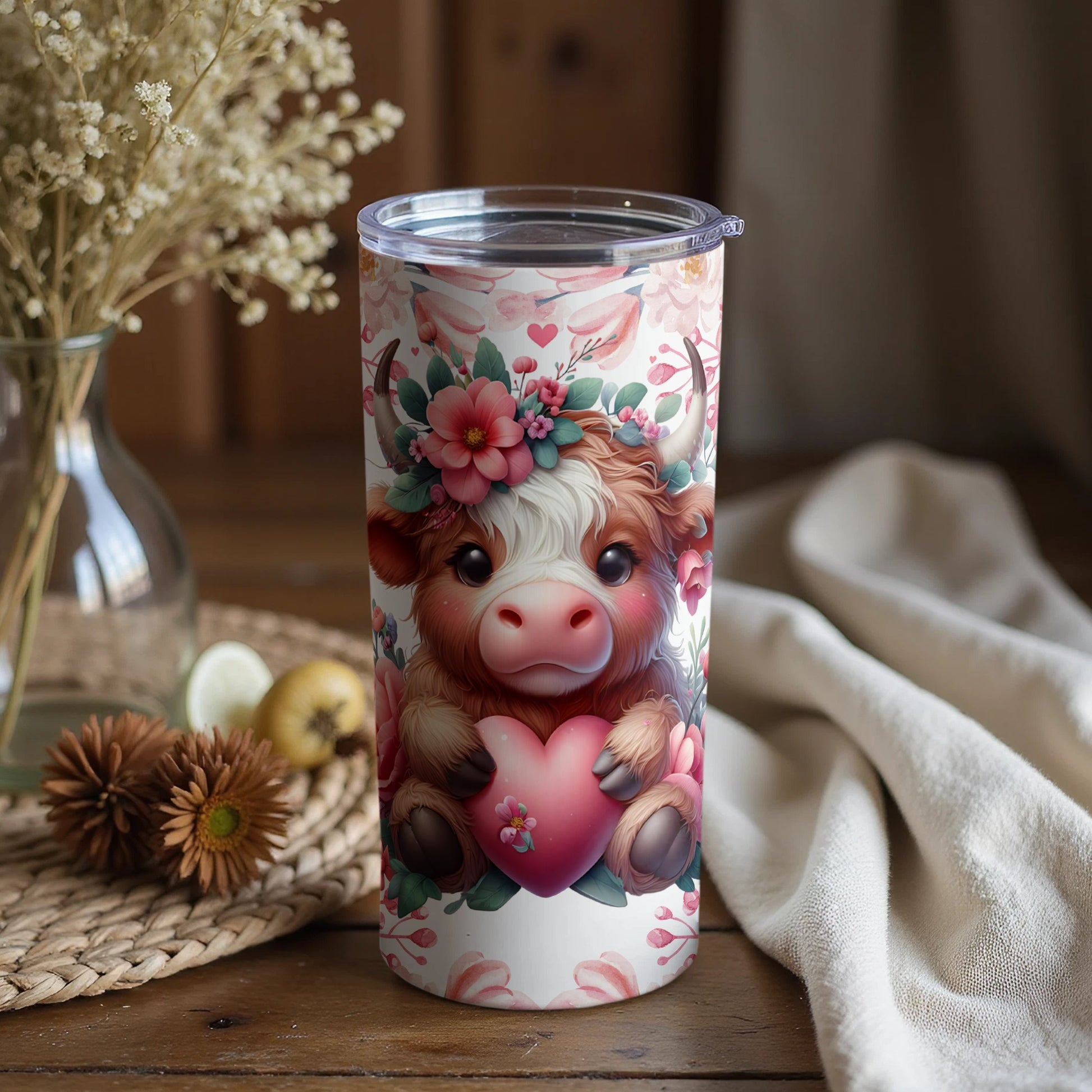 Cute Highland Cow Floral Heart Print Tumbler