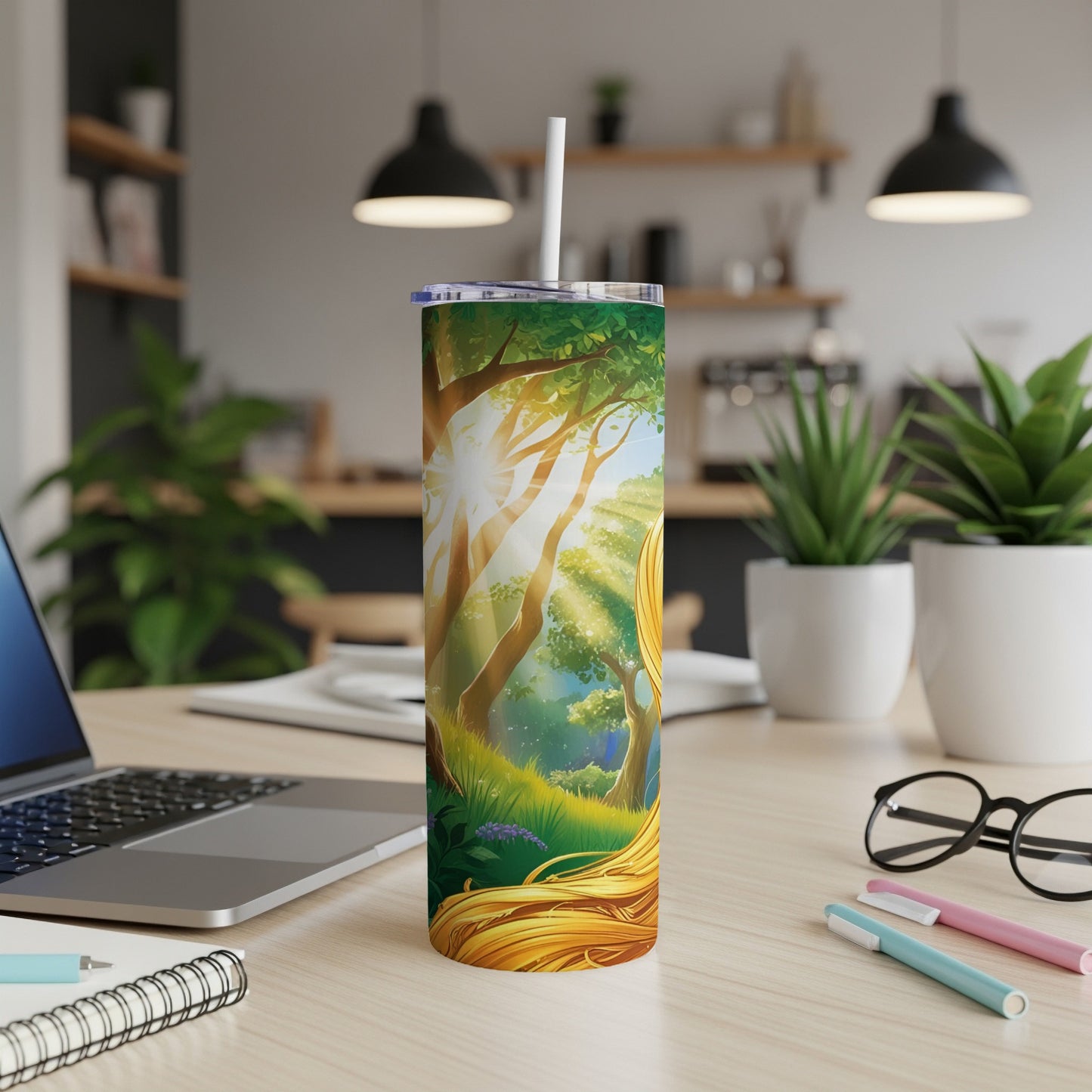 Tumbler with tangled blonde hair and sunlit forest scene illustration.