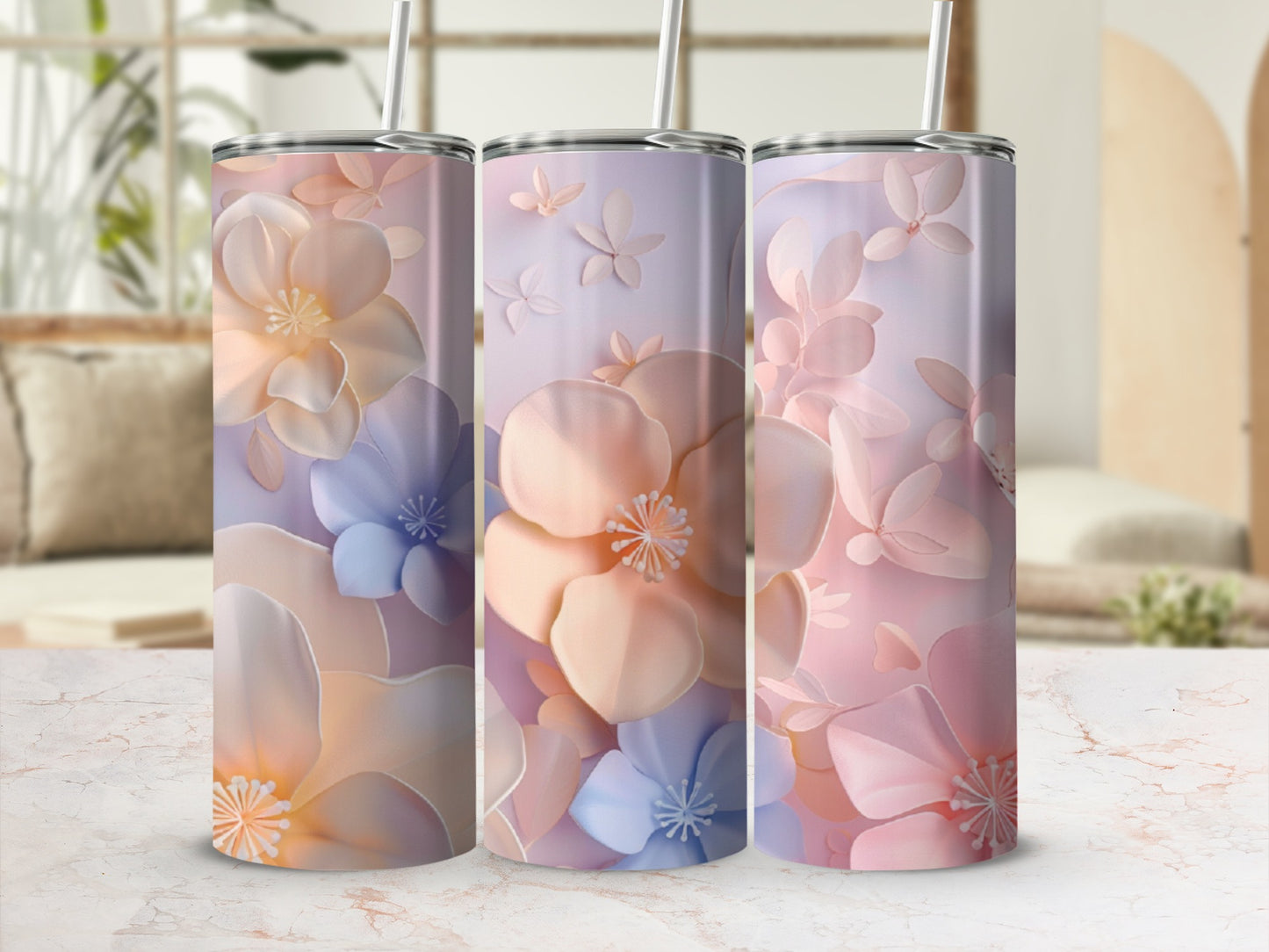 Three floral tumblers with pastel petals and butterfly accents.