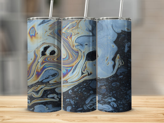 Three tumblers with swirling oil slick patterns in blues, yellows, and browns.