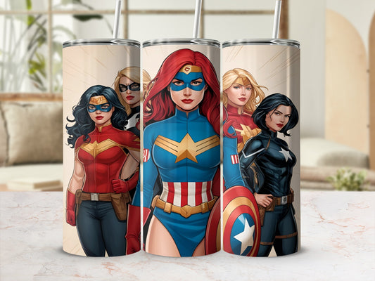 Four female superheroes in colorful costumes, including Captain America, stand together.