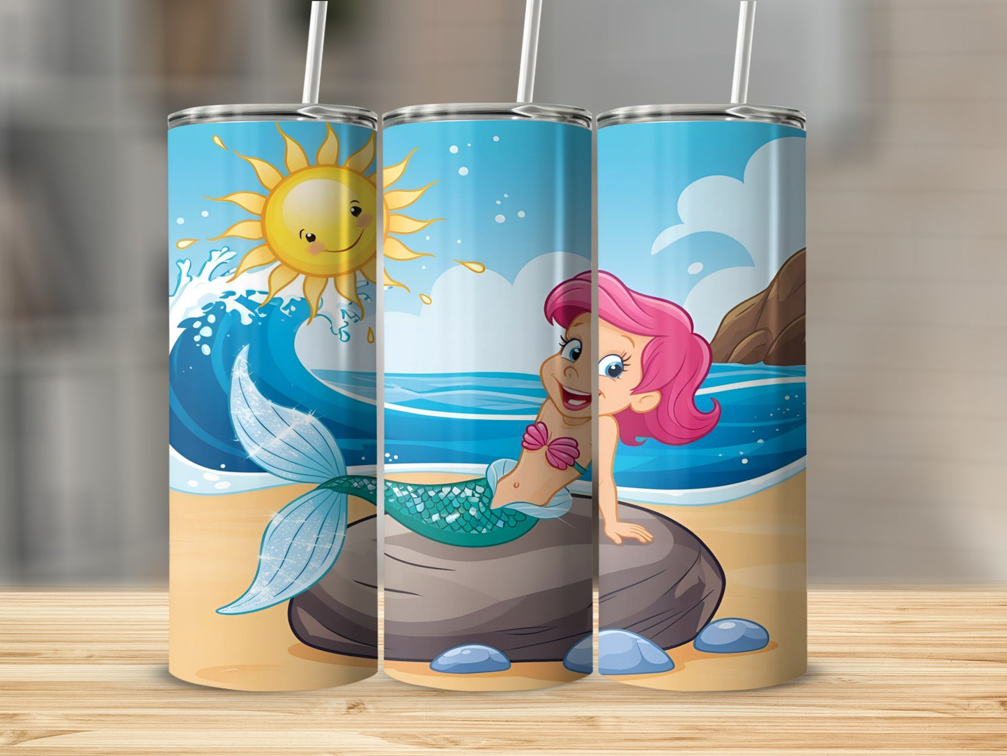 Cartoon mermaid with pink hair sits on a rock by the ocean under a smiling sun.
