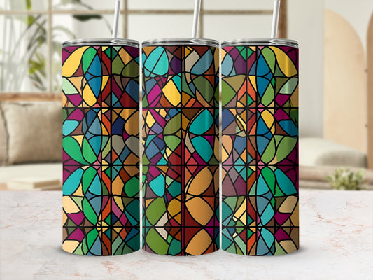 Three tall tumblers with a colorful stained glass geometric pattern.