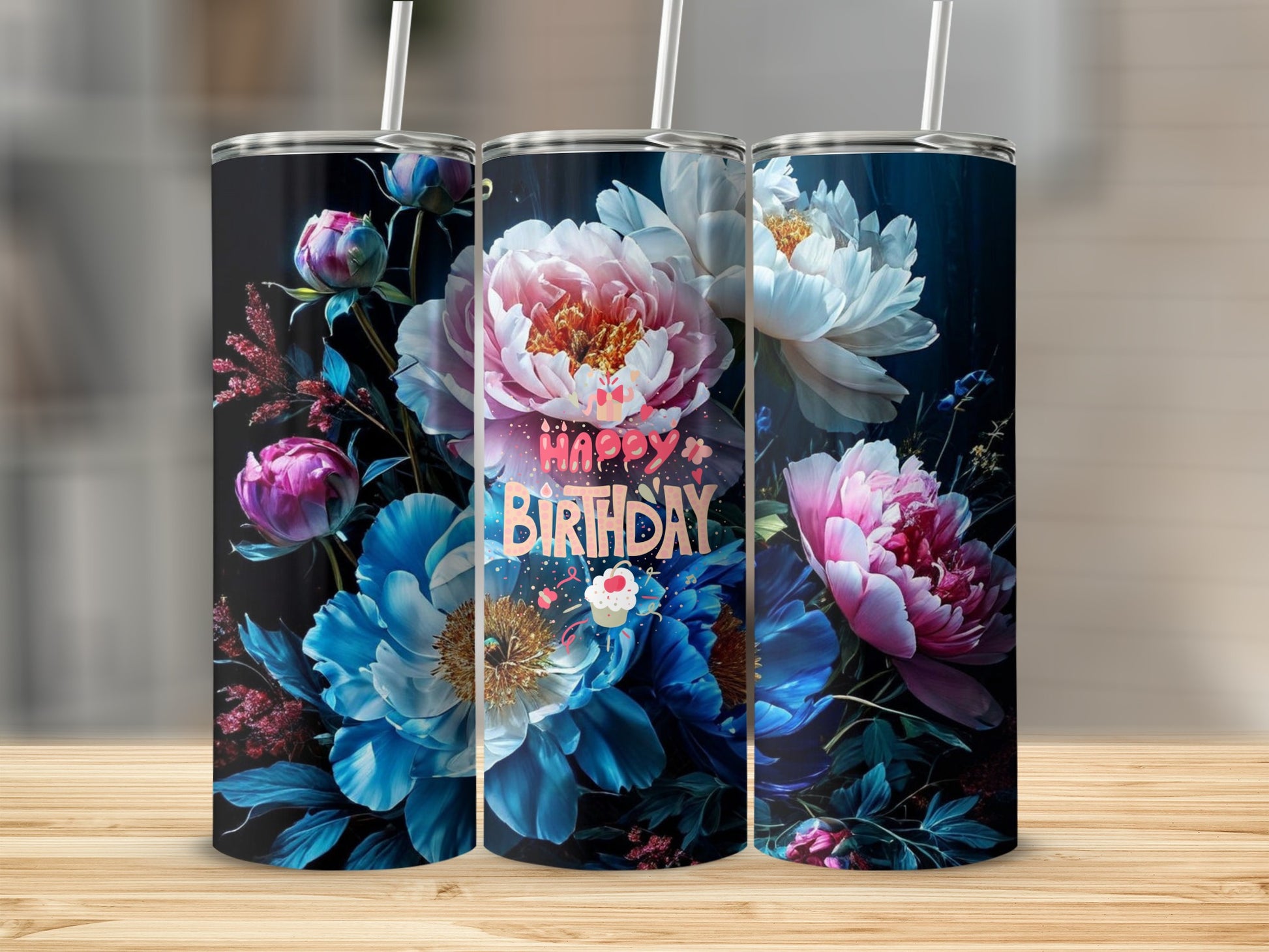 Floral tumbler with "Happy Birthday" text and peonies.