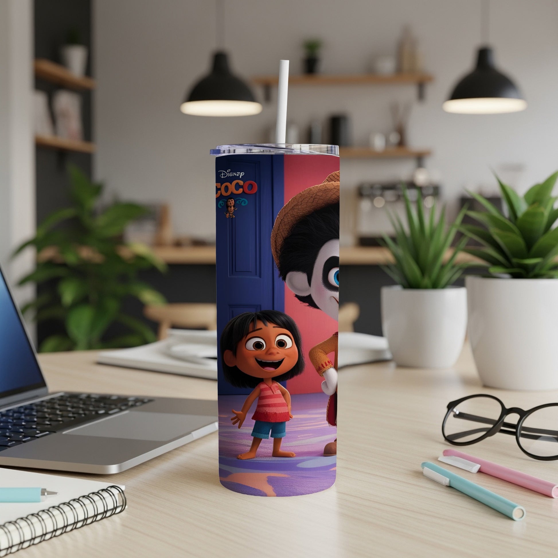 Two characters from Disney's Coco stand in front of a door with a straw sticking out of a tumbler.