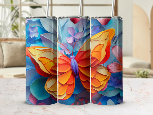 Three tumblers featuring a stylized orange and yellow butterfly design on a floral background.
