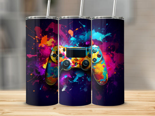 Vivid Colorful Gaming Controller Splatter Art Tumbler