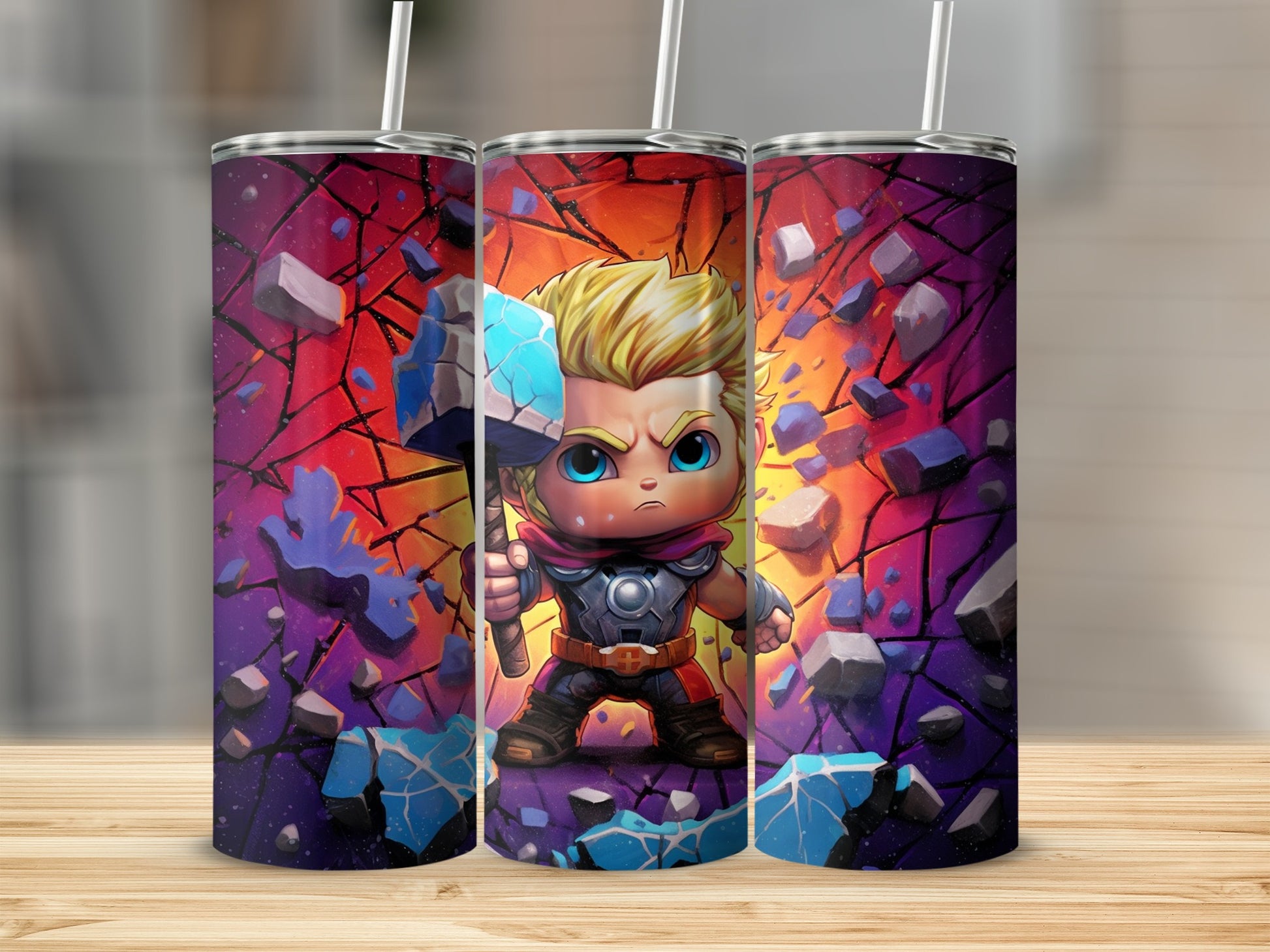 Chibi Thor Tumbler with Hammer and Cracked Wall Design