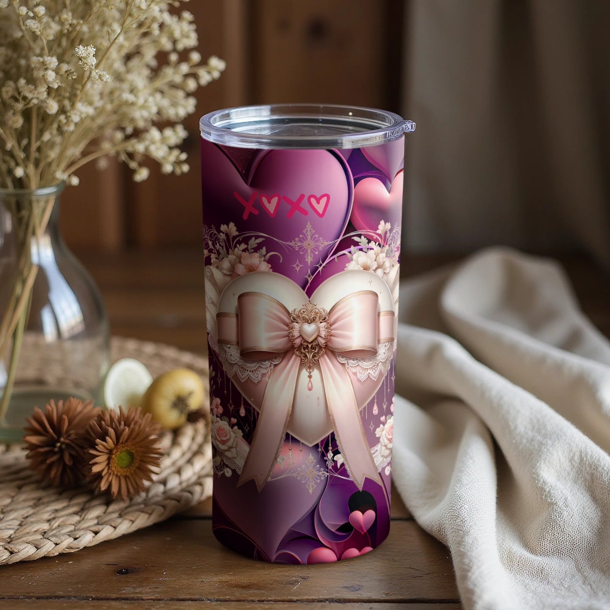 Elegant Heart-Shaped Patterned Tumbler with Bow Design