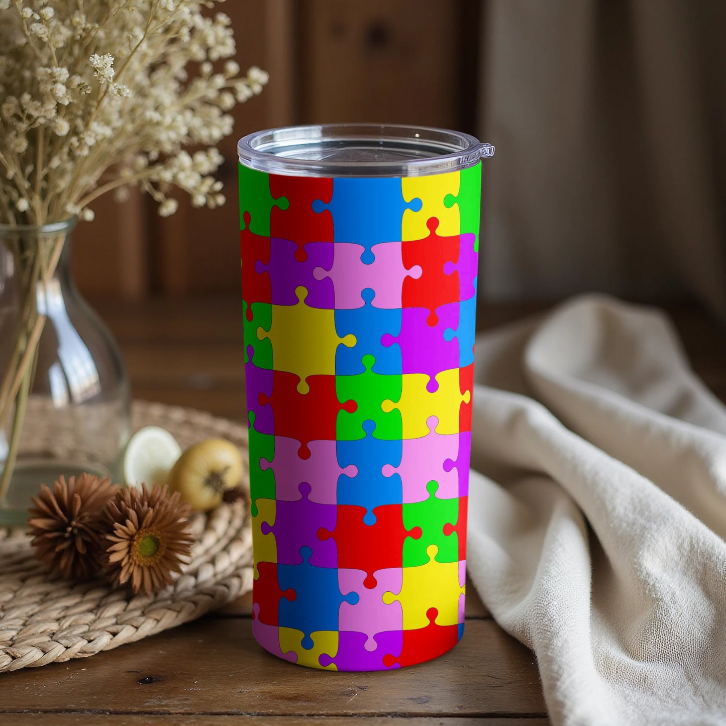 Colorful Puzzle Patterned Tumbler with Lid 20oz