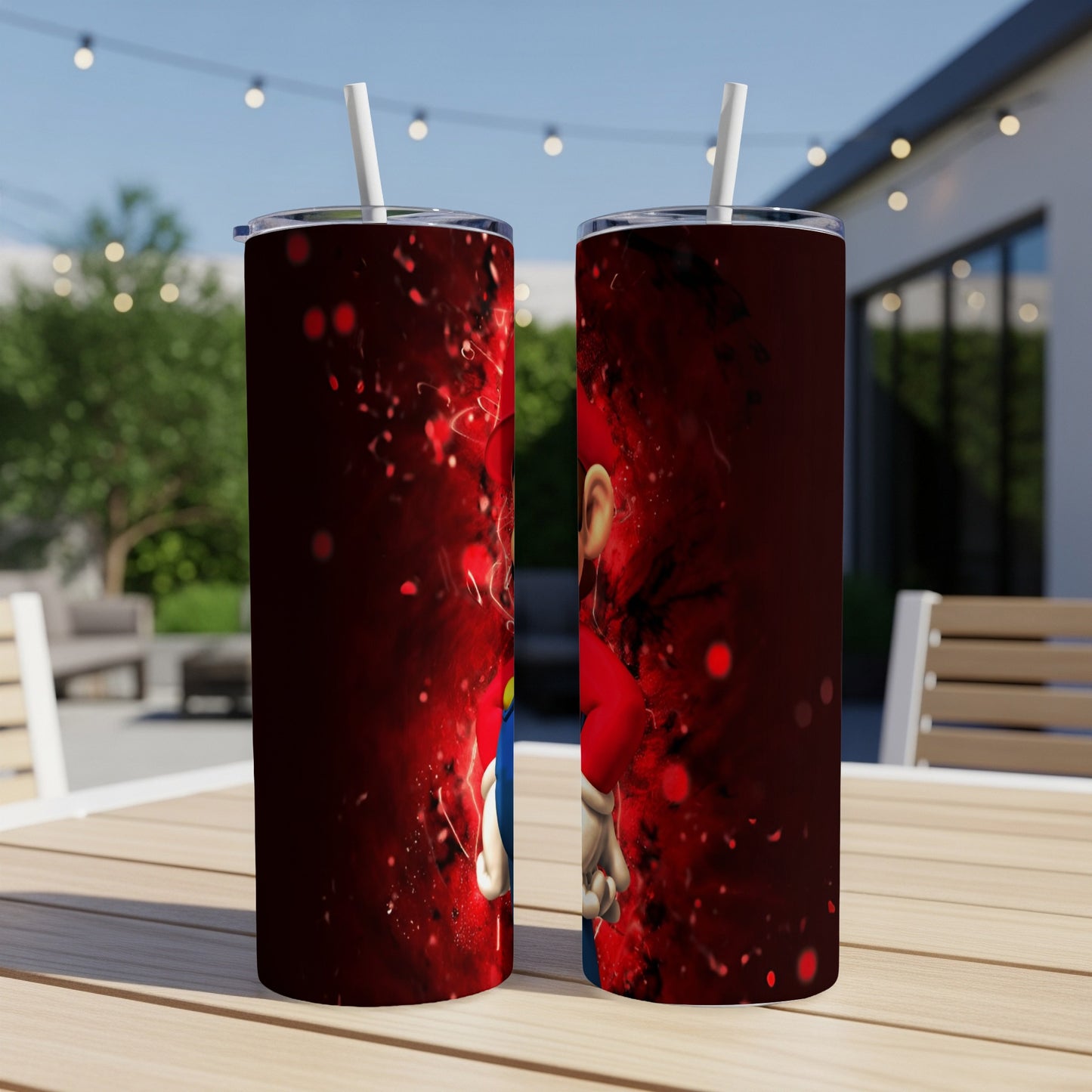 Two tumblers featuring Mario from Super Mario Bros. on a red background.