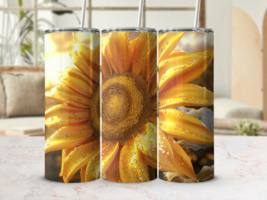 Triptych of a bright sunflower with dew drops and a blurred background.