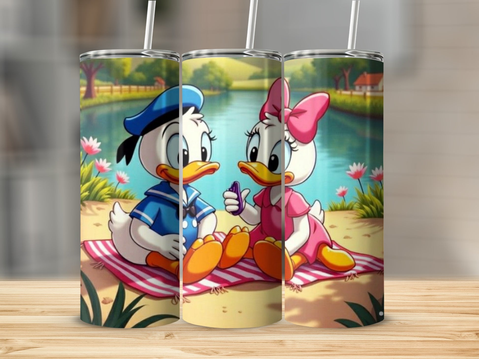 Donald and Daisy Duck Lake Picnic Scene Tumbler