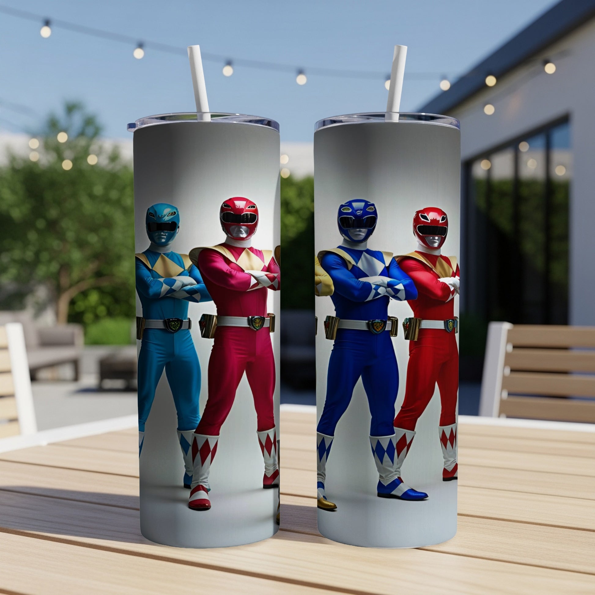 Two Power Rangers tumblers with the Red, Blue, and Yellow Rangers depicted.