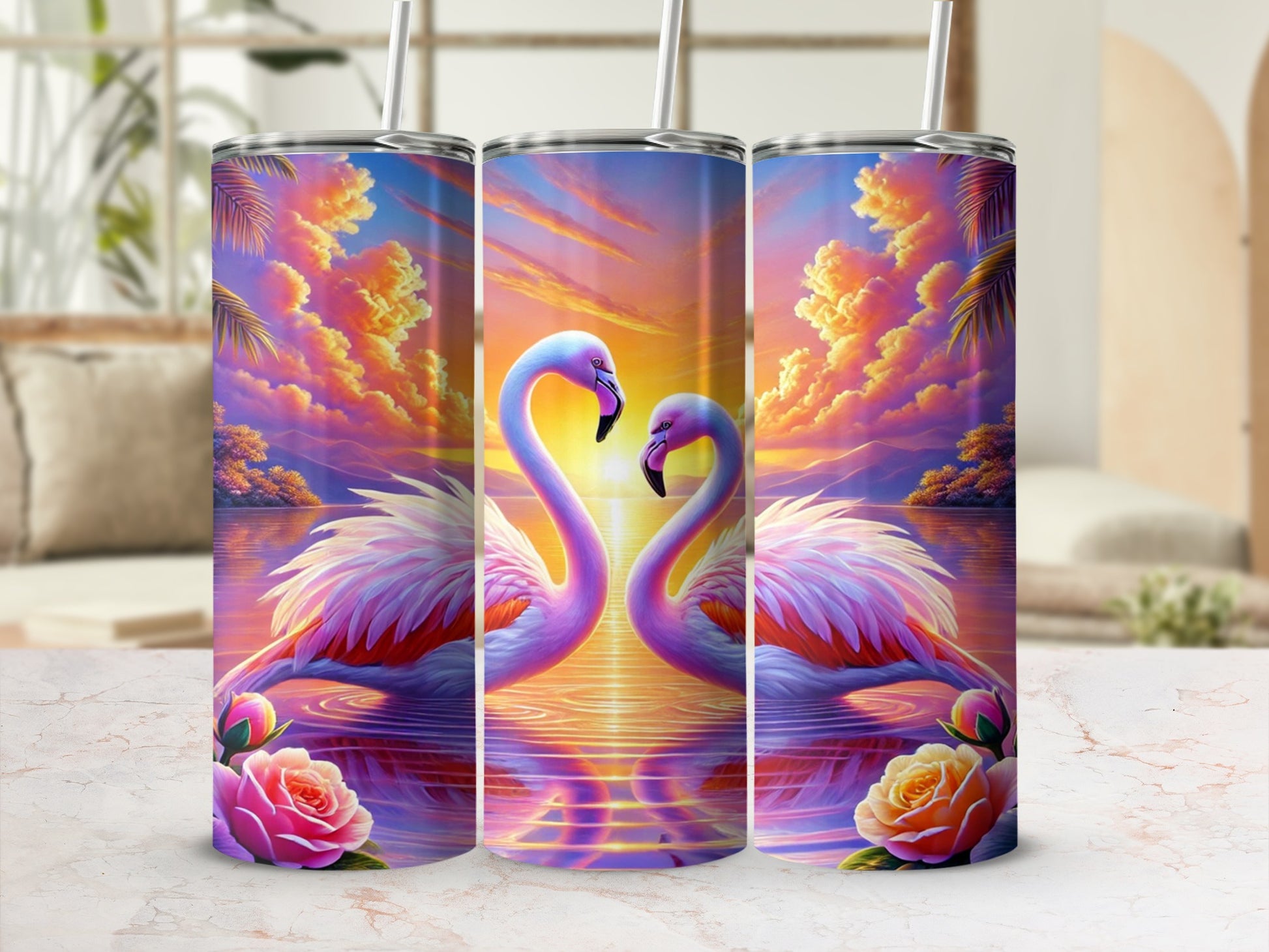 Flamingo Sunset Illustration Tumbler With Straw