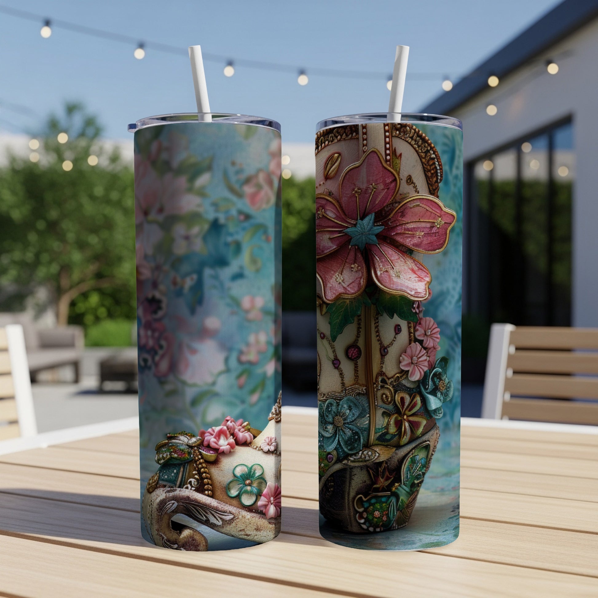 Two colorful tumblers with floral and embellishment designs, on a wooden table.