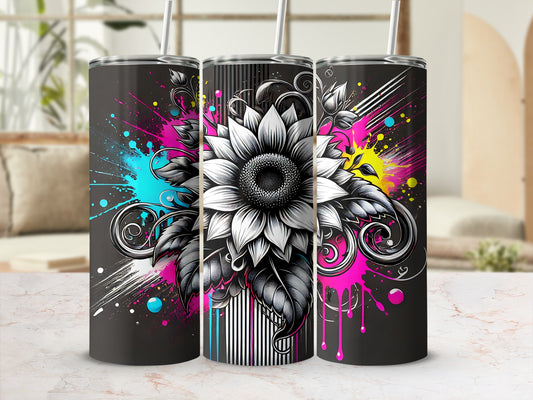 Three black tumblers with a detailed sunflower design and colorful paint splatters.