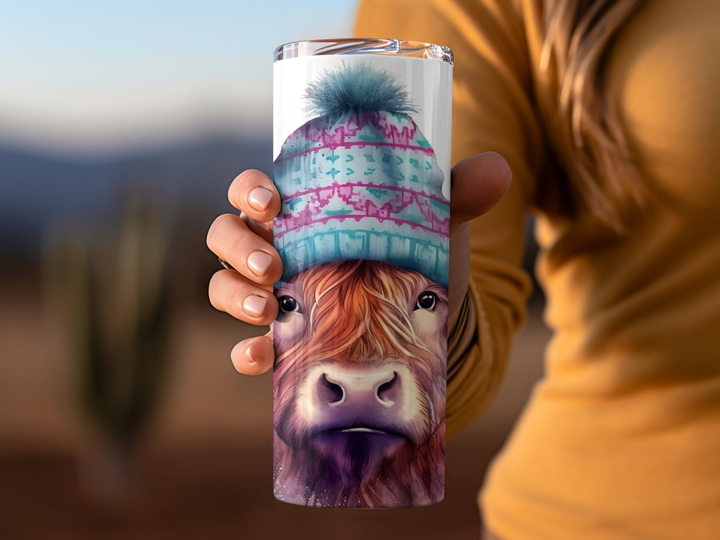 Highland Cow in Winter Hat Design Travel Tumbler