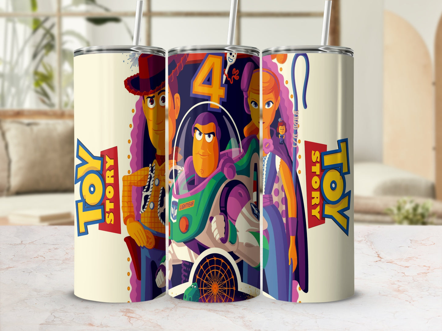 Toy Story characters Woody, Buzz Lightyear, and Jessie on three tumblers.