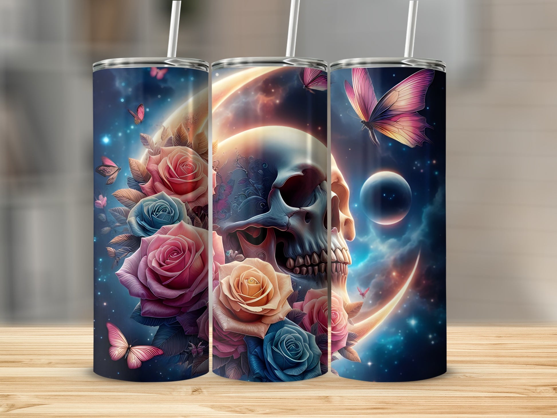 Skull and roses tumbler with crescent moon and butterflies.
