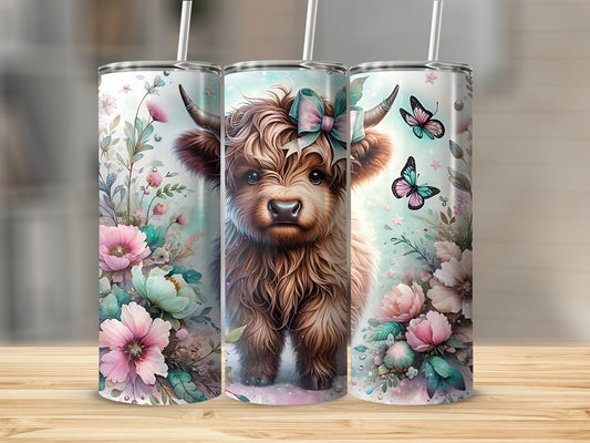 Adorable Highland Cow Floral and Butterfly Tumbler