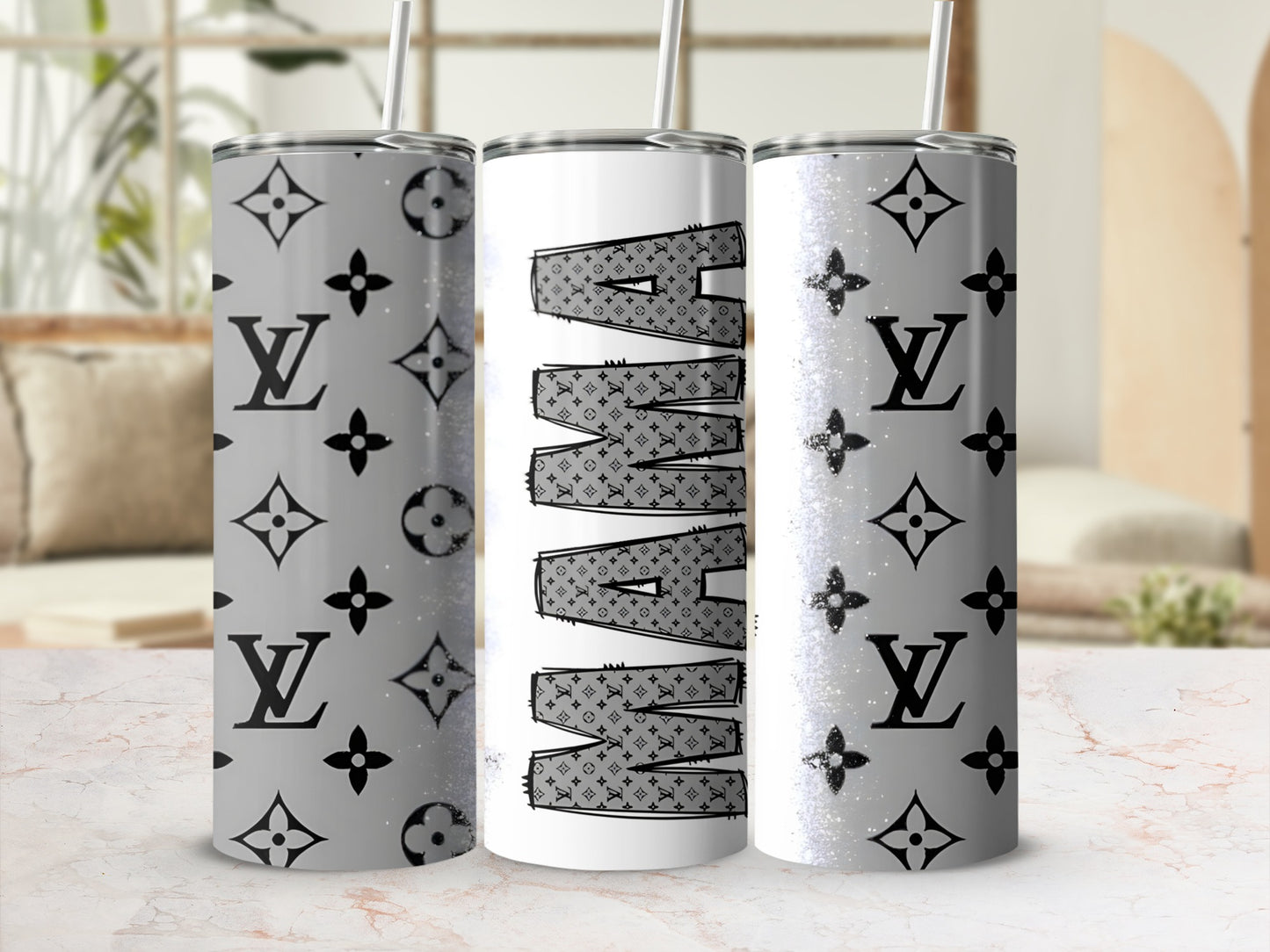 Three tumblers with LV-inspired pattern and glitter accents.