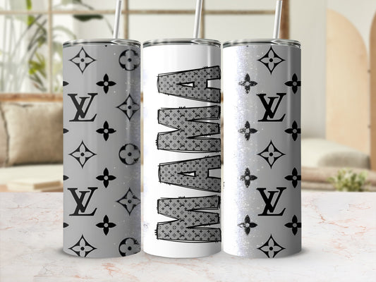 Three tumblers with LV-inspired pattern and glitter accents.