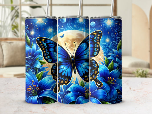 Blue butterfly on a starry night with blue lilies.