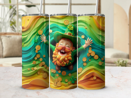 Leprechaun with gold coins and shamrocks on a St. Patrick's Day themed tumbler.