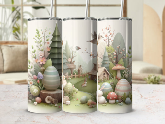 Easter-themed tumbler with bunnies, eggs, and a forest scene.