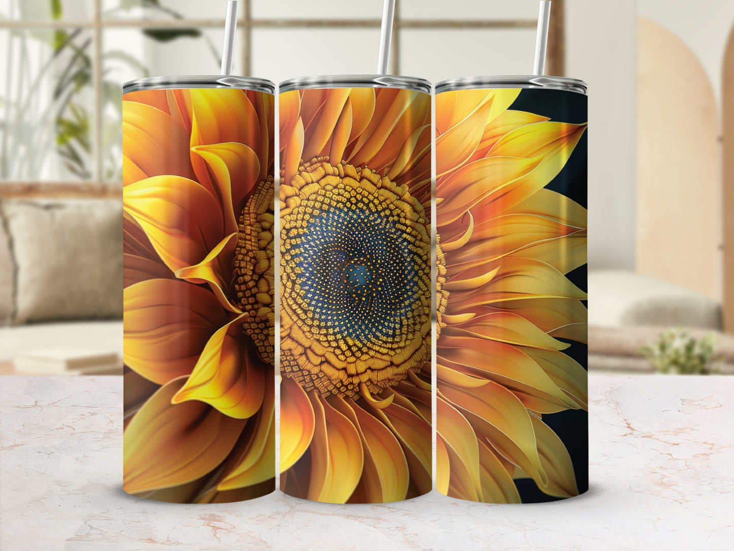 Three tumblers featuring a close-up, vibrant sunflower design.