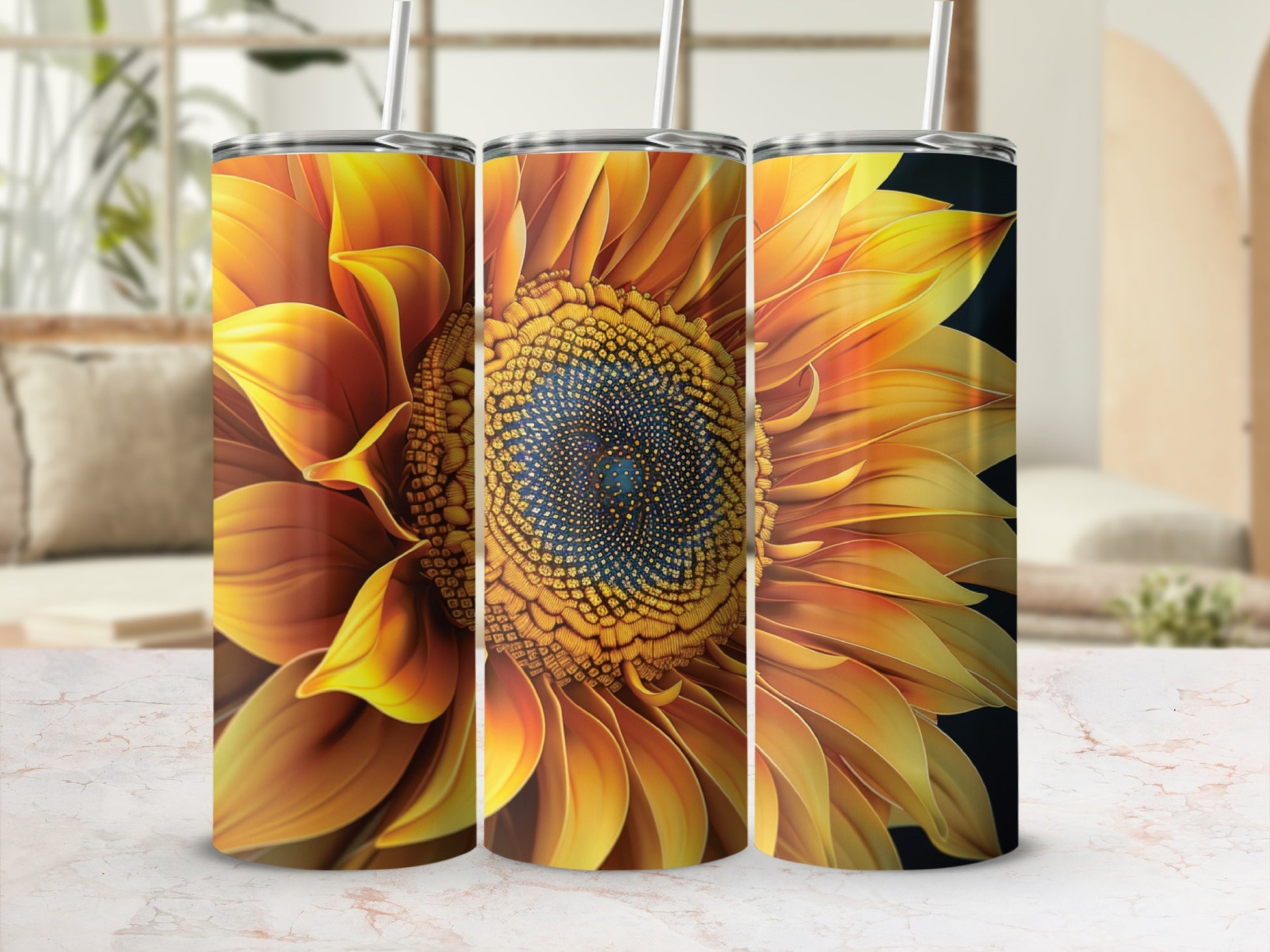Three tumblers featuring a close-up, vibrant sunflower design.