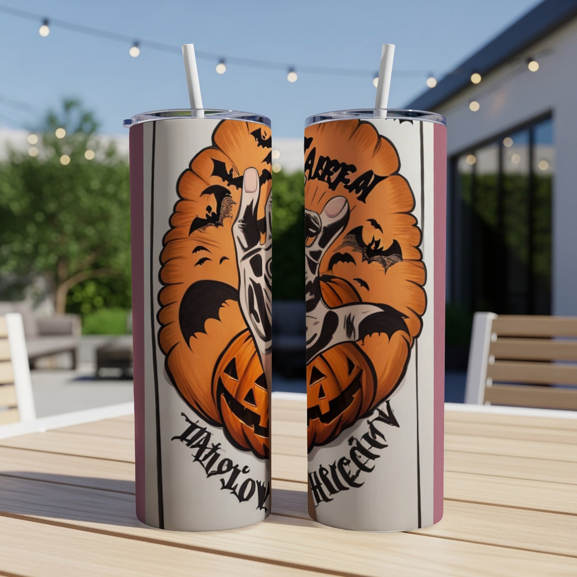 Two tumblers with Halloween designs featuring pumpkins, bats, and skeletal hands.