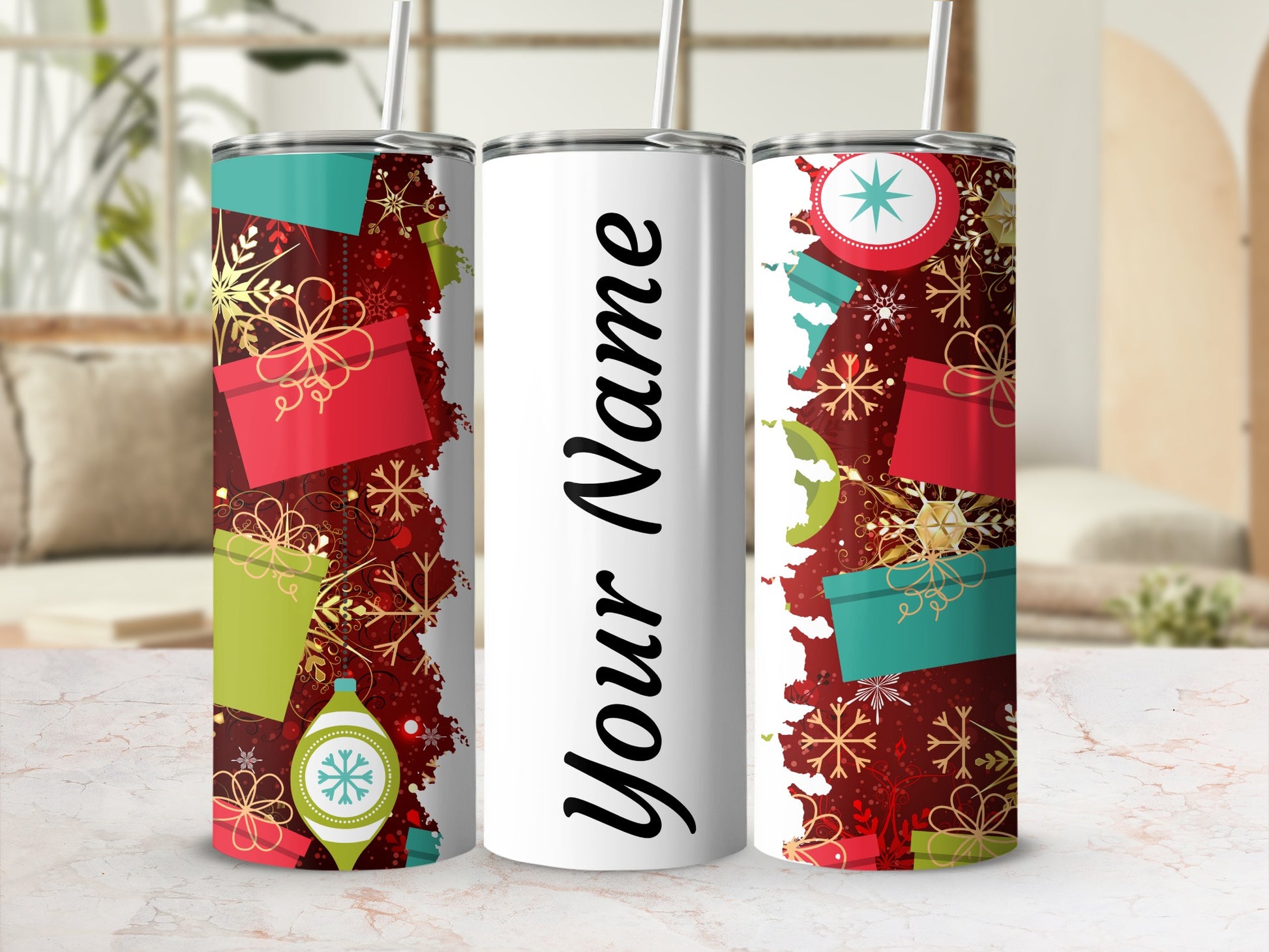 Personalized Christmas Gift Theme Tumbler with Straw