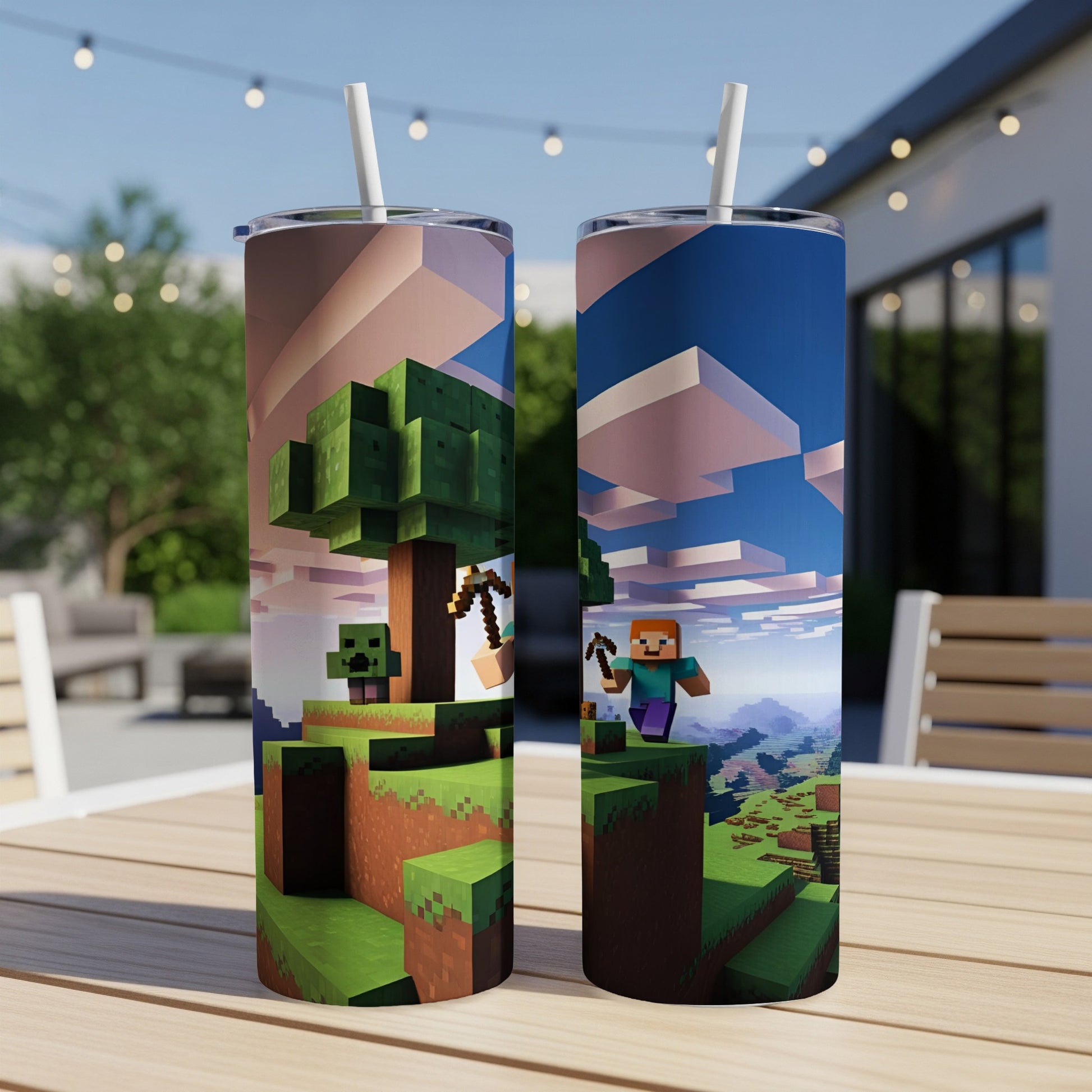 Minecraft themed tumbler featuring Steve mining near a Creeper and blocky landscape.
