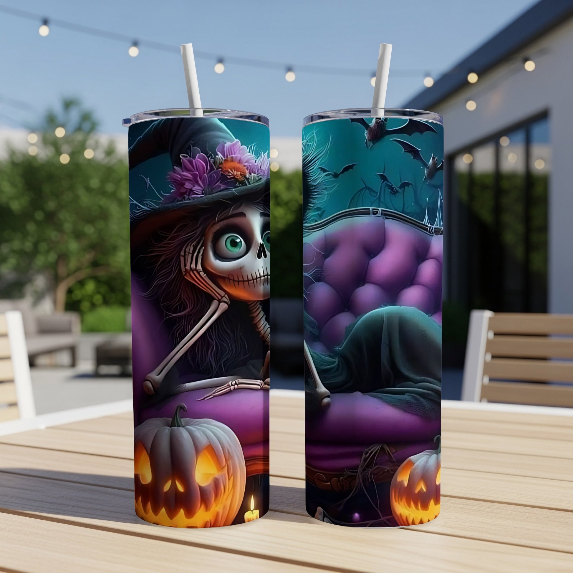 Two Halloween-themed tumblers featuring a skeleton witch and bats, with pumpkins.
