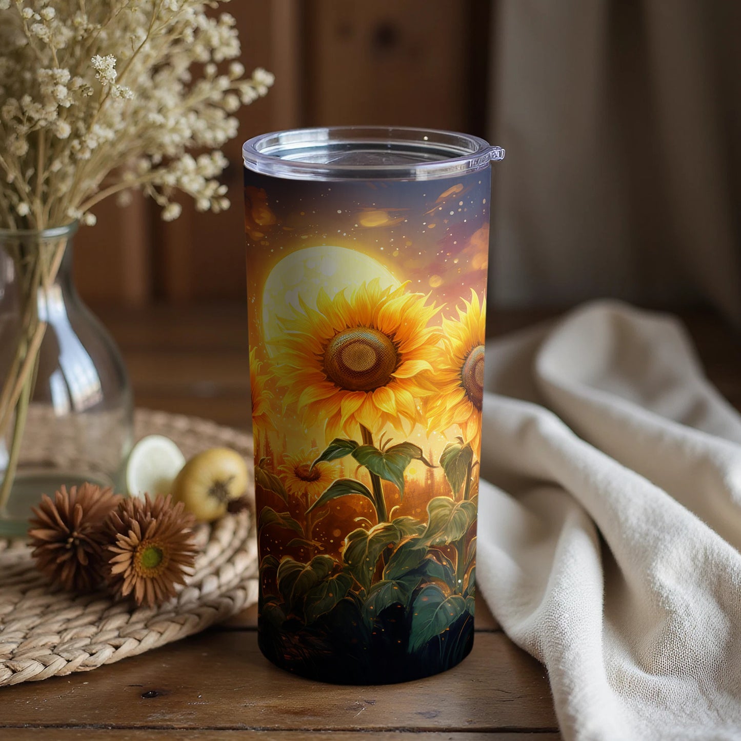 Sunflower Design Tumbler with Lid Travel Cup