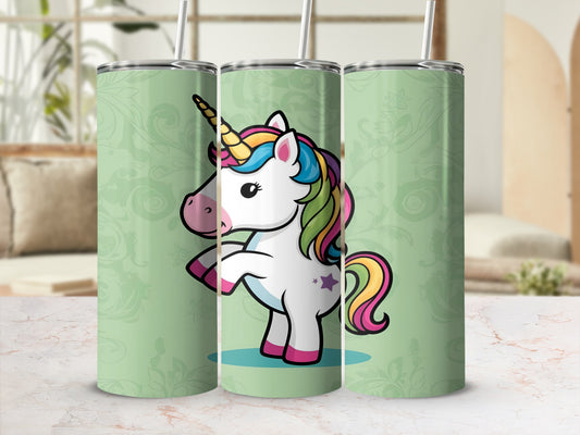 Three tumblers with a cartoon unicorn design on a green patterned background.