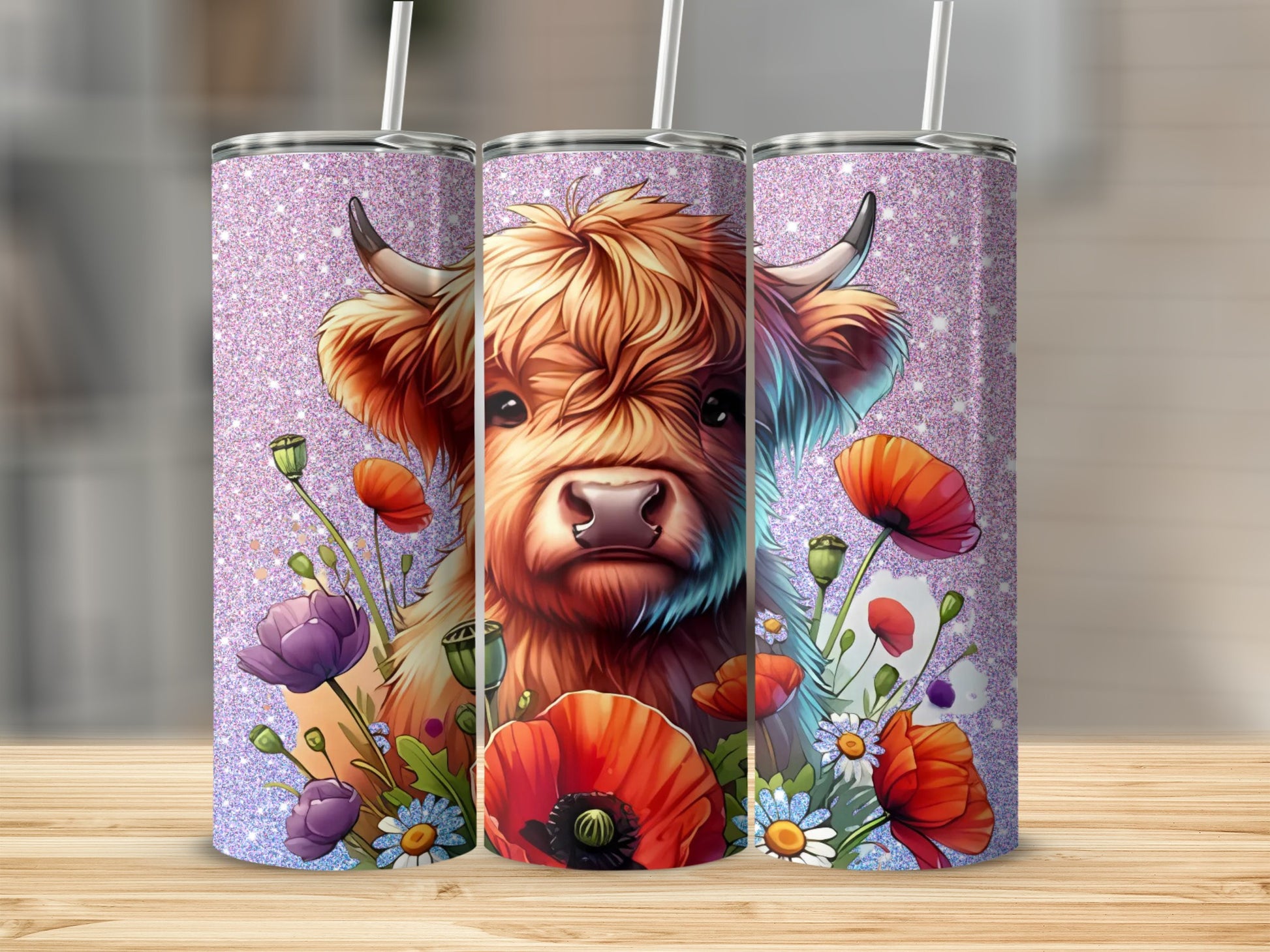 Cute Highland Cow Tumbler with Colorful Floral Design