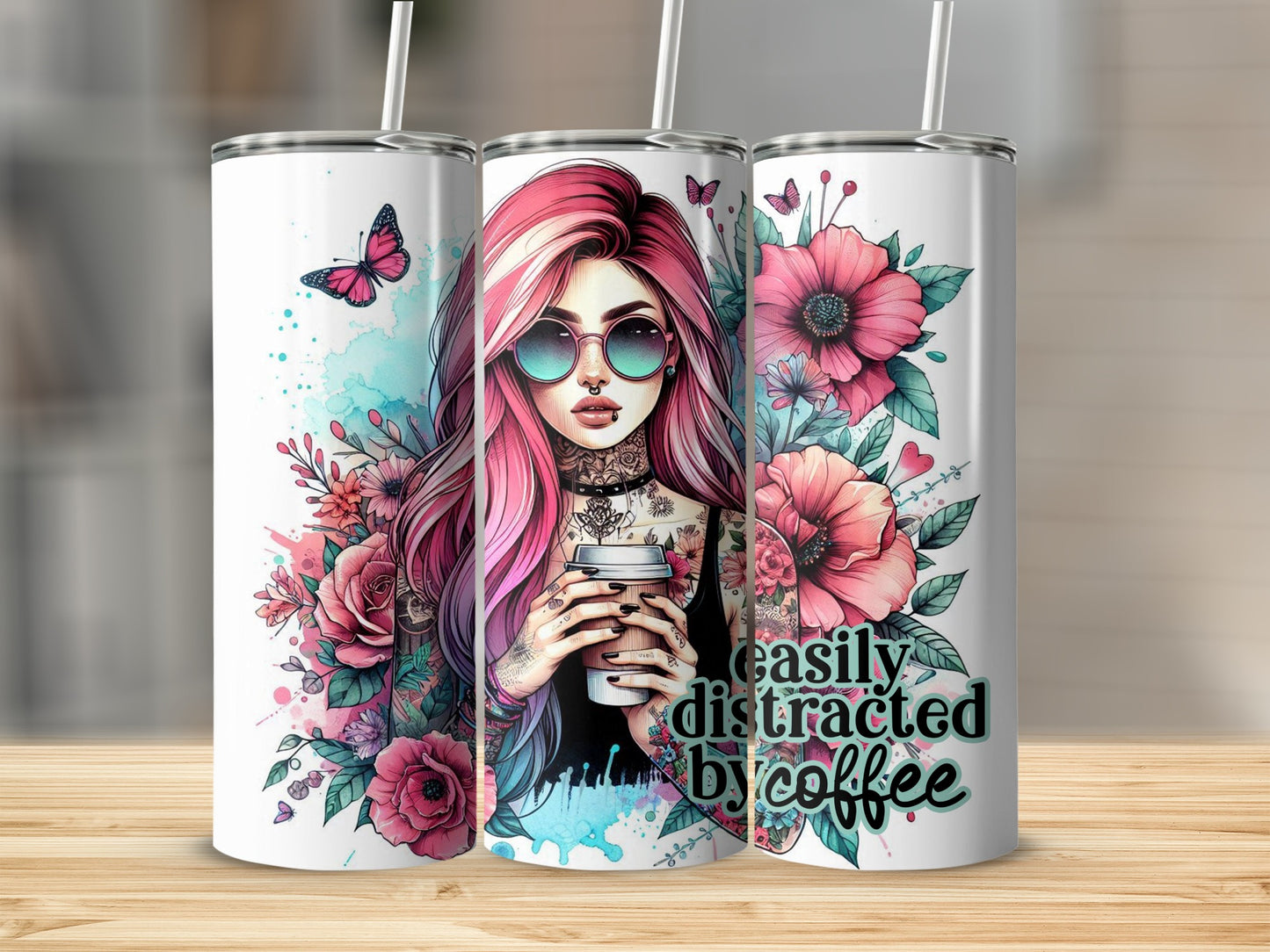 Woman with pink hair, sunglasses, and tattoos holding coffee cup, surrounded by flowers.