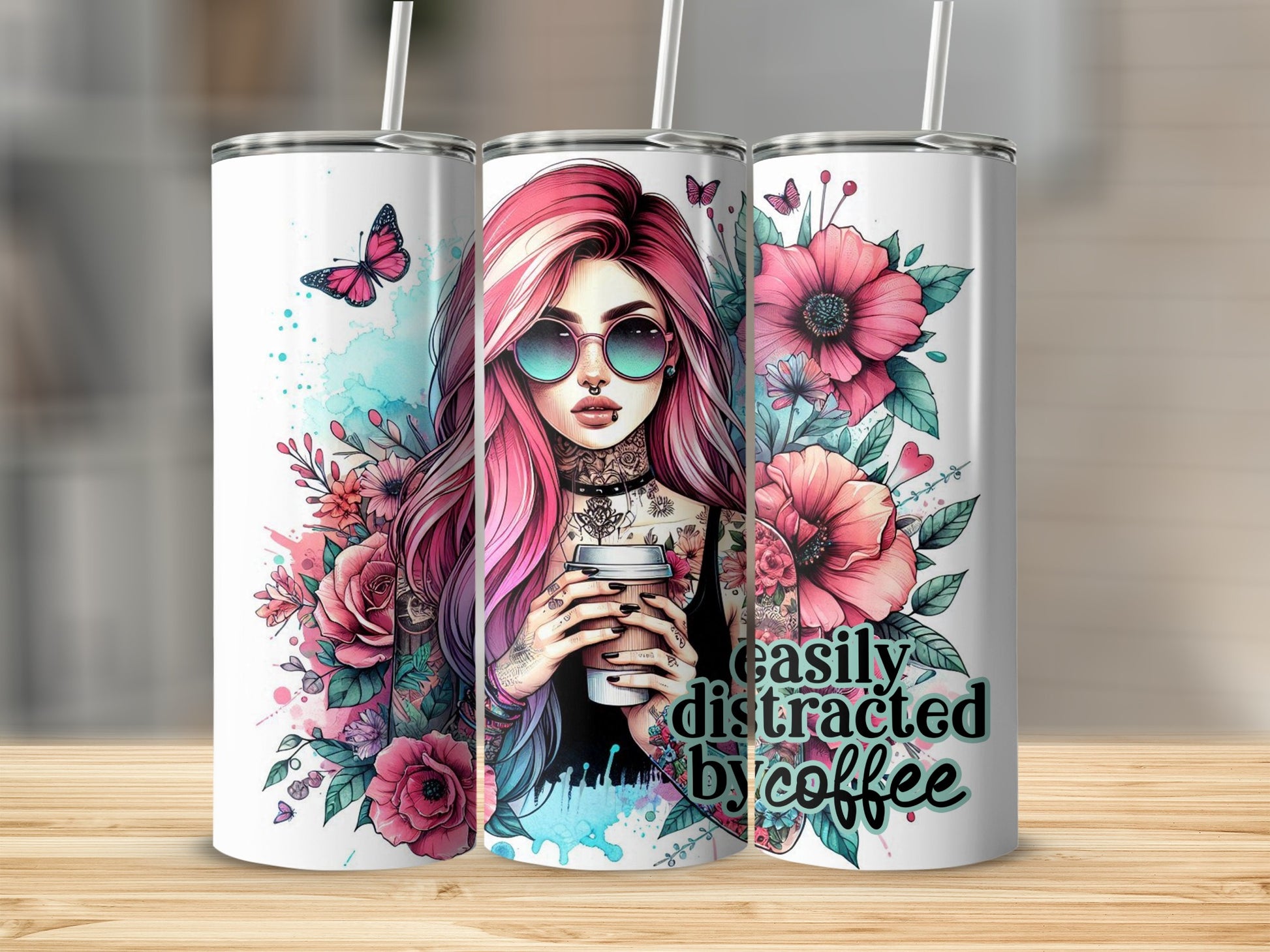 Woman with pink hair, sunglasses, and tattoos holding coffee cup, surrounded by flowers.