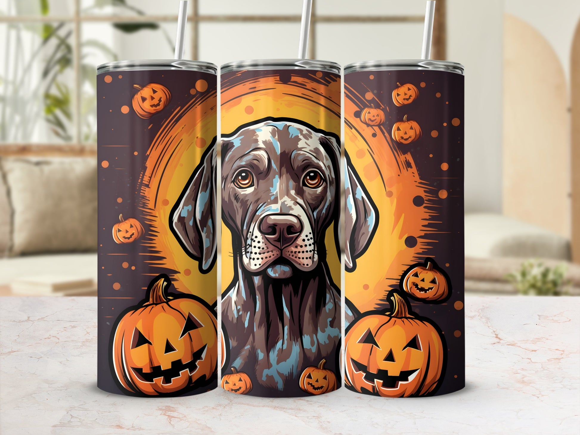 Three tumblers featuring a German Shorthaired Pointer and Halloween pumpkins.